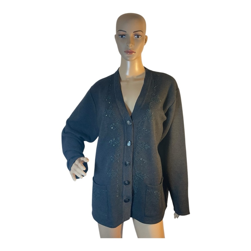 Hualinyangmaoshan Womens Cardigan Gray Green  Embroidered Button Up Size Large